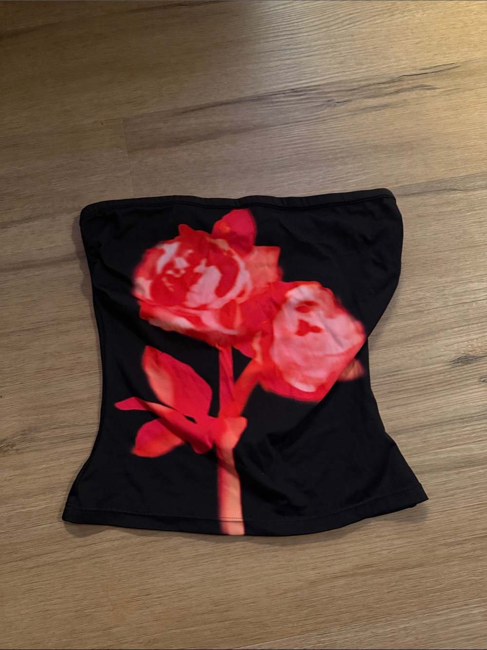 KHY Black Strapless Tube Top with Red Rose Print
